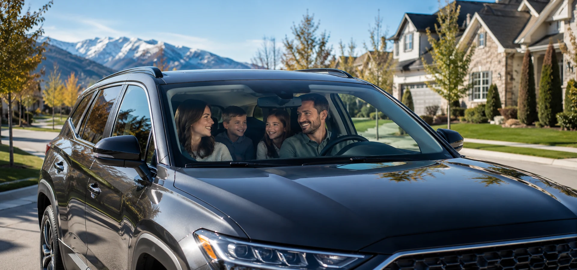 Happy family driving safely with a freshly replaced windshield