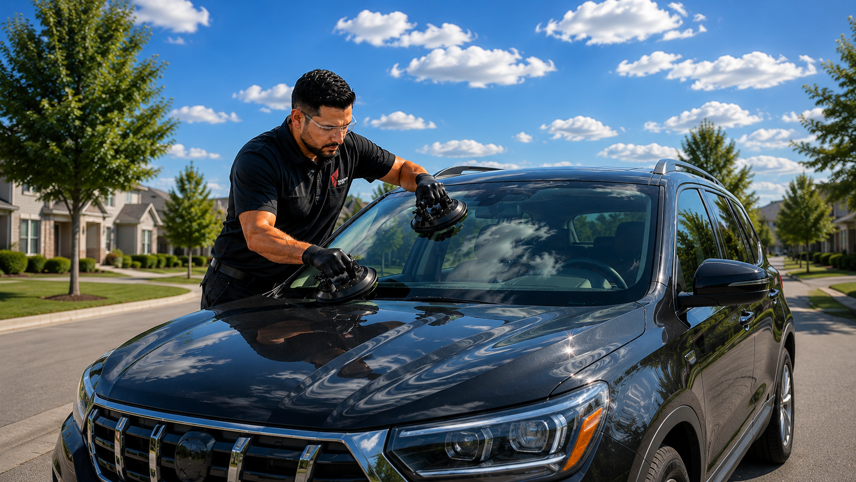Centurion Glass technician replacing a windshield at a customer's home